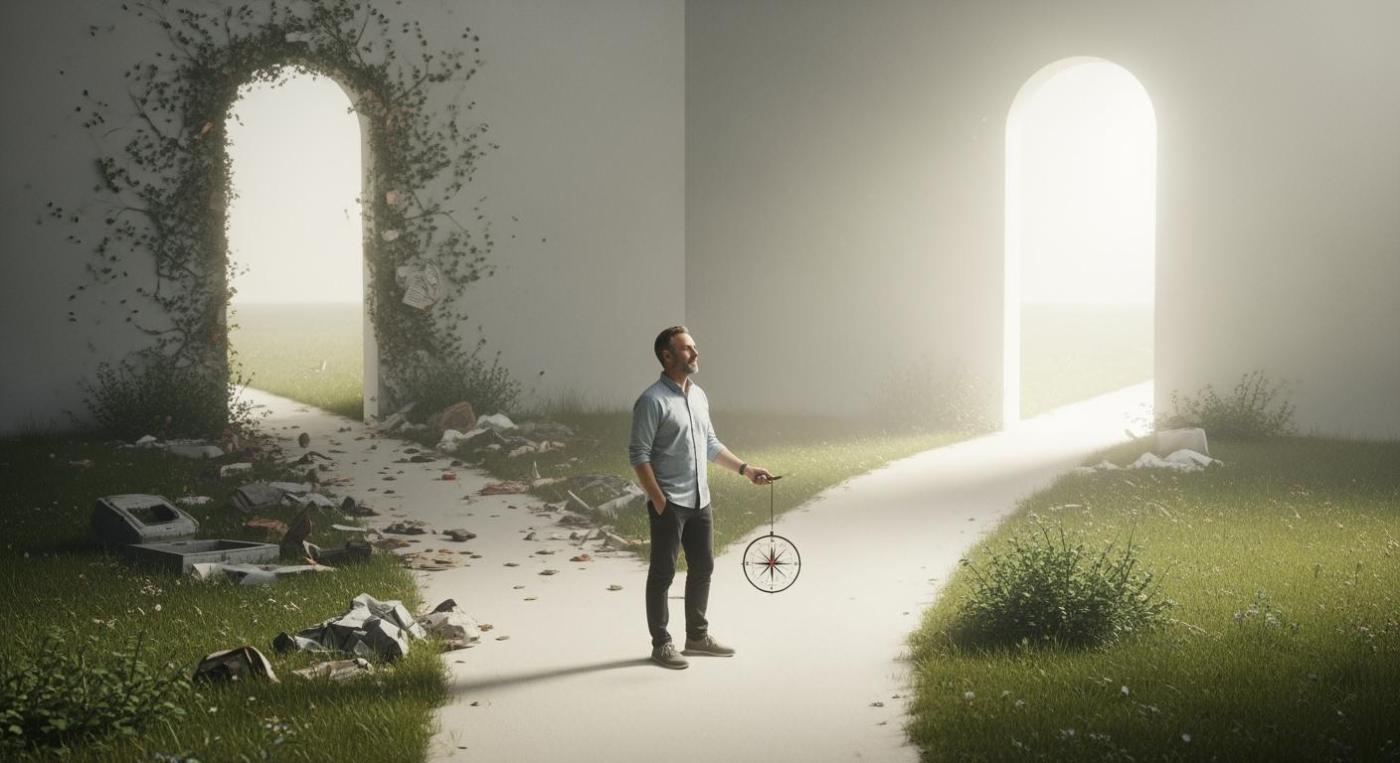 A person standing at a serene, minimalist fork in a path. One path is cluttered and chaotic; the other is clear and leads towards a soft, inviting light. The person is thoughtfully looking towards the clear path, holding a simple compass.