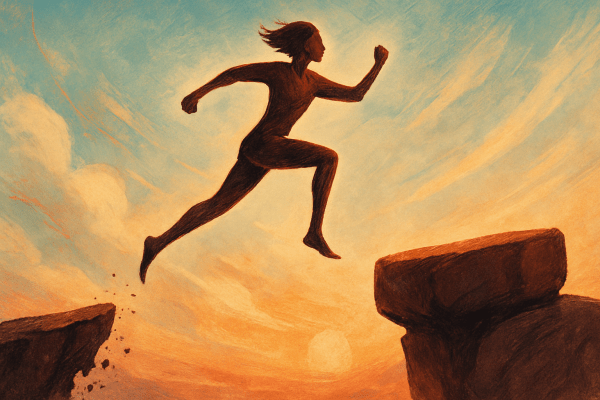 A stylized image of a person gracefully leaping from a slightly crumbling stepping stone to a higher, more solid one. The figure is mid-air in a dynamic, upward-forward pose, symbolising personal growth and hope. The background features a subtly lit, optimistic sky with warm sunrise tones. The scene has a dreamlike, painterly aesthetic with soft lighting and elegant motion blur to emphasise movement and emotion.
