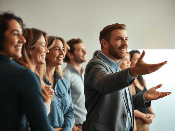 A diverse team of people looks engaged and inspired. A leader, who appears open and approachable, gestures towards a distant, bright horizon. This gesture symbolises a positive shared future. The lighting is soft and natural.