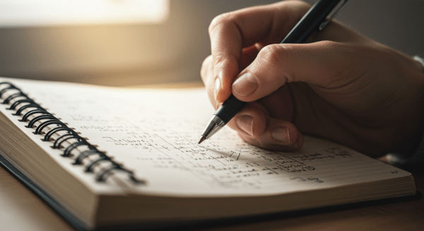 A dynamic close-up of a hand, pen in motion, actively writing in a slightly worn notebook. The handwriting is legible but beautifully imperfect, with a visible correction or two, symbolizing the courage to create and share without waiting for flawlessness. A soft, inspiring light illuminates the page, suggesting the release of ideas into the world, even in their 'good enough' state.