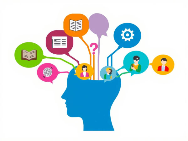 A stylised image of a single head shows multiple colourful thought bubbles branching out. Each bubble holds different symbols. These include a book, a globe, a question mark, a gear, and icons of a diverse group of people. The design suggests a mind actively engaging with diversity. The background is soft and inviting.
