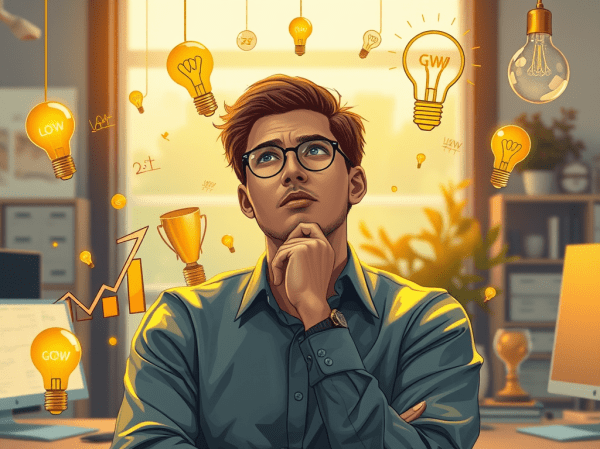 An image showcasing a person in a thoughtful pose, surrounded by symbols of success such as trophies, graphs, and lightbulbs, representing growth and reflection. The setting is a modern and inviting workspace bathed in warm, golden light to evoke a sense of achievement and inspiration. The style is clean and professional, with a slight artistic flair to convey creativity. The image is high resolution, with highly detailed elements and a sharp focus to emphasise the subject's contemplative expression and the surrounding symbols of success.