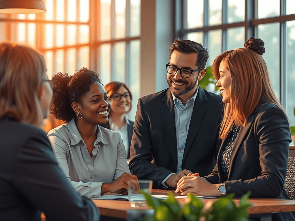 A diverse group of professionals in a collaborative environment, illustrating impactful leadership. They are building a professional legacy in a modern workspace with warm light, symbolising growth and purpose.