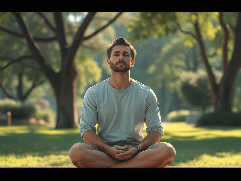A featured image illustrating the concept of "The Productivity of Stillness." The main subject is a 30-year-old, serene Caucasian individual sitting in a peaceful environment, perhaps in a tranquil park or calm indoor space, reflecting quietly. The composition empasises quietness and introspection, capturing the essence of mindfulness. Soft, natural lighting conveys warmth and tranquilly. The style is soothing and minimalist, focusing on the individual's expression of clarity and peace.