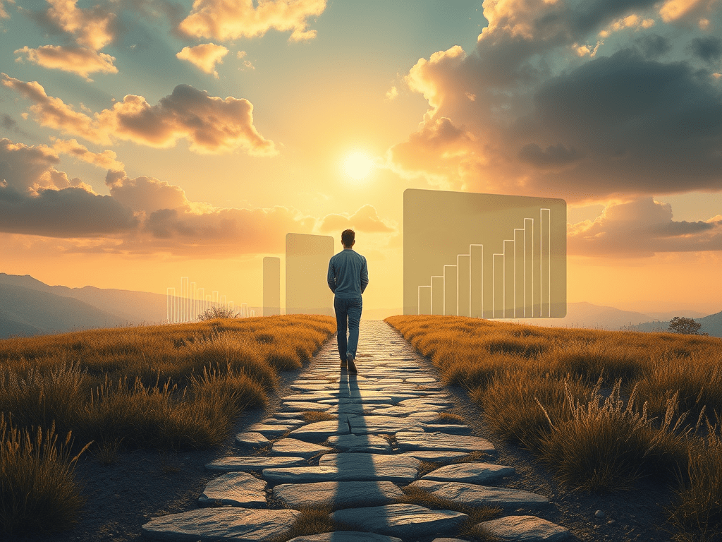 An image that represents the concept of holistic decision-making, combining elements that symbolise both logic (head) and intuition (heart). A person stands on a path, contemplating a balance between two divergent paths. Soft, warm lighting evokes emotion while maintaining clarity and detail in the surroundings. The image reflects a blend of nature and a subtle touch of analytical elements, like graphs or symbols, incorporated artfully into the landscape. The image is high resolution, highly detailed, and in sharp focus to emphasise the theme of integration in decision-making.
