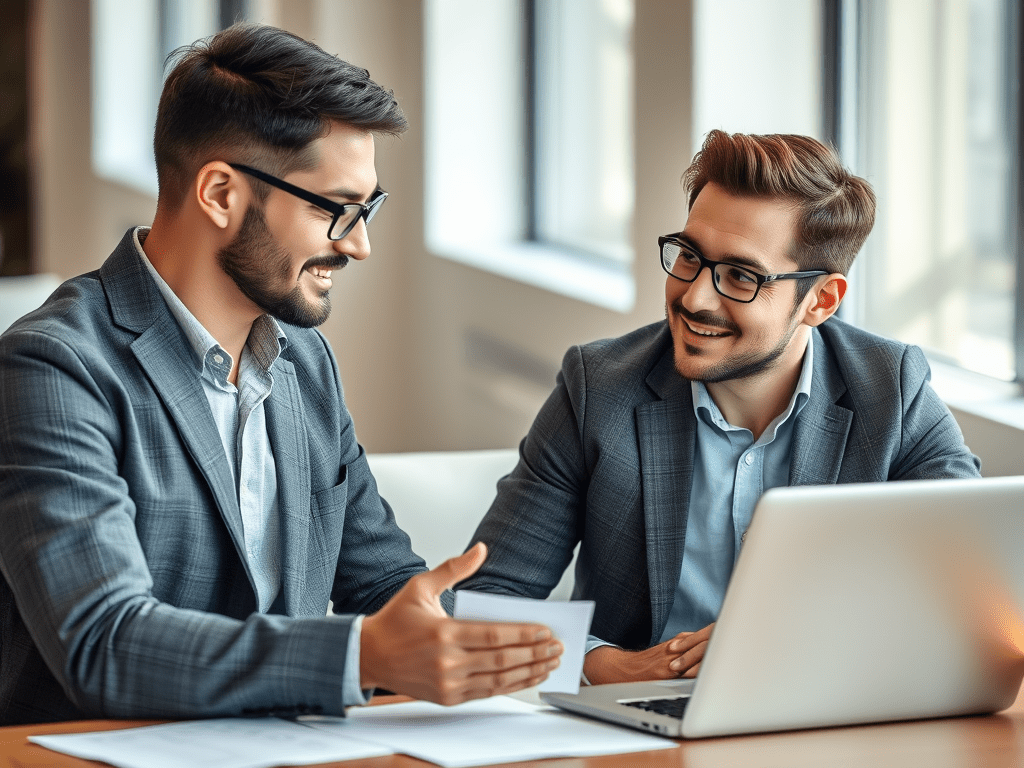 The image portrays two male professionals engaged in a dynamic discussion, with elements representing mentorship and collaboration, such as a laptop showing collaborative software and paper notes scattered around. The focus is on capturing the moment of shared discovery and mutual learning by emphasising equal partnership between the mentor and mentee. Soft lighting conveys warmth and openness with a stylish, contemporary feel. The image is sharp and clear, highlighting facial expressions that reflect curiosity and engagement.