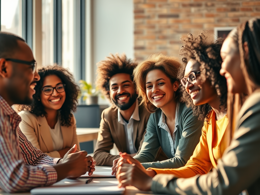 A group of smiling Black professionals engaged in a positive, collaborative meeting, illustrating the high team morale that results from a growth culture where genuine effort is recognised.