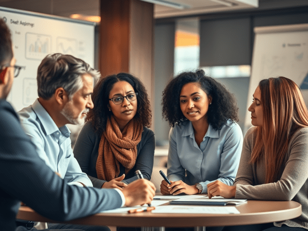 An image depicting a diverse group of leaders engaging in a strategy session. The leaders express empathy and understanding as they discuss change management. The scene is in a modern office environment with soft, warm lighting, enhancing a sense of collaboration and support. Included are visual elements like whiteboards filled with notes and charts symbolising communication and transparency. The image captures the emotions of concern and hope on the leaders' faces, emphasising the theme of guiding teams through transitions.