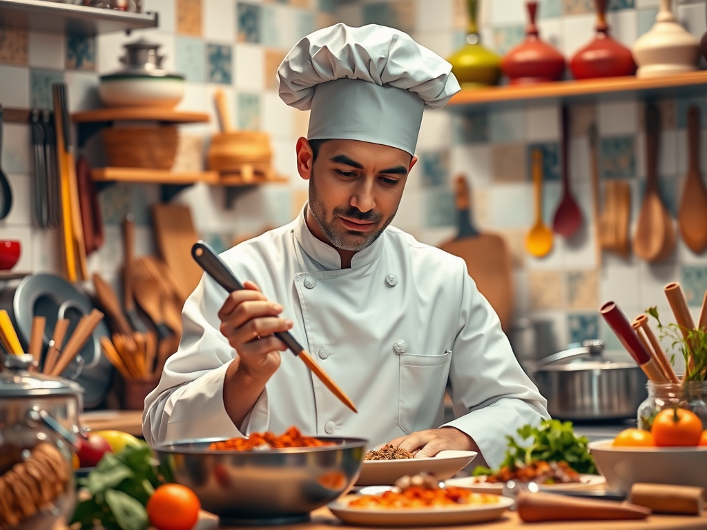 A highly detailed, high-resolution image of a vibrant, colourful kitchen filled with diverse cooking utensils and ingredients that symbolise cross-disciplinary learning. A chef blends spices from various cuisines, such as Indian, French, and Korean, showcasing a fusion dish. The light should be warm and inviting, illuminating the scene to evoke a sense of creativity and innovation. The style should be dynamic and modern, emphasising connection and the melding of different cultures and ideas. The composition is sharp and focused, highlighting the chef's thoughtful expression as they experiment with ingredients.