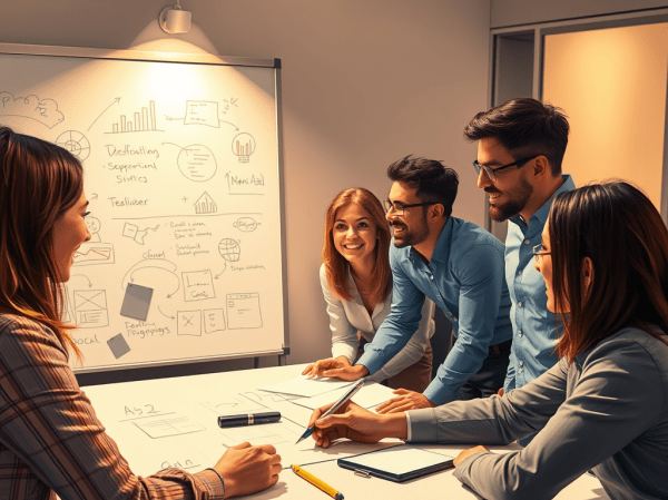 The image is intricate, depicting a diverse group of professionals participating in a cooperative brainstorming session. The group is actively sharing ideas, with notes and drawings on a whiteboard, symbolising shared values and collective alignment. The lighting is warm and inviting, illuminating their faces to show enthusiasm and connection. There is a sense of cohesion and teamwork, showcasing individuals contributing equally to achieve a common goal.