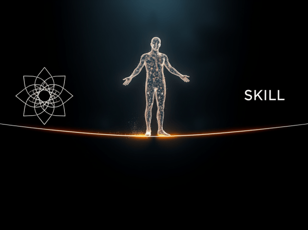 A digital art representation of a human silhouette made of light particles, perfectly balanced on a glowing tightrope. The tightrope stretches between a complex, intricate geometric pattern on the left. This pattern represents 'challenge.' On the right, there is a solid, well-defined shape. It represents 'skill.' The background is a dark, focused void, suggesting deep concentration and the blotting out of all distractions.