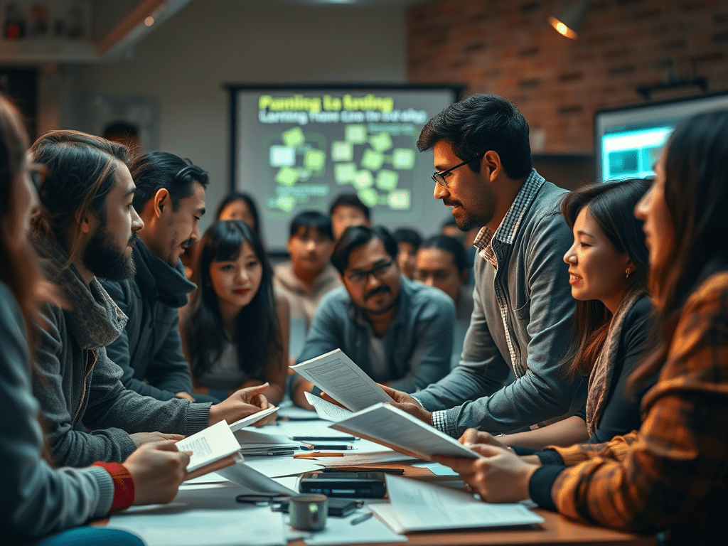 A person animatedly tells a story to an engrossed, diverse audience, creating a warm and focused atmosphere that stands in contrast to scattered papers from a past project in the background.