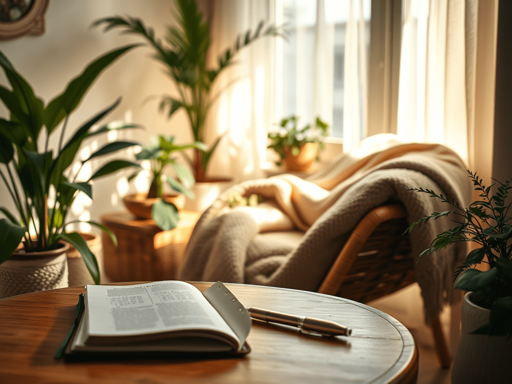 The scene of self-care is serene and welcoming, featuring a cosy chair covered in a warm, textured blanket. Next to it, an open journal and pen rest on a table, surrounded by potted plants and illuminated by a gentle, warm glow, creating a deep sense of peace and replenishment.