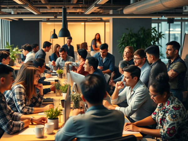 A bustling, modern office bathed in warm, inviting light, where diverse teams collaborate with camaraderie. The scene illustrates the concept of scaling a company's culture while maintaining core values during growth.