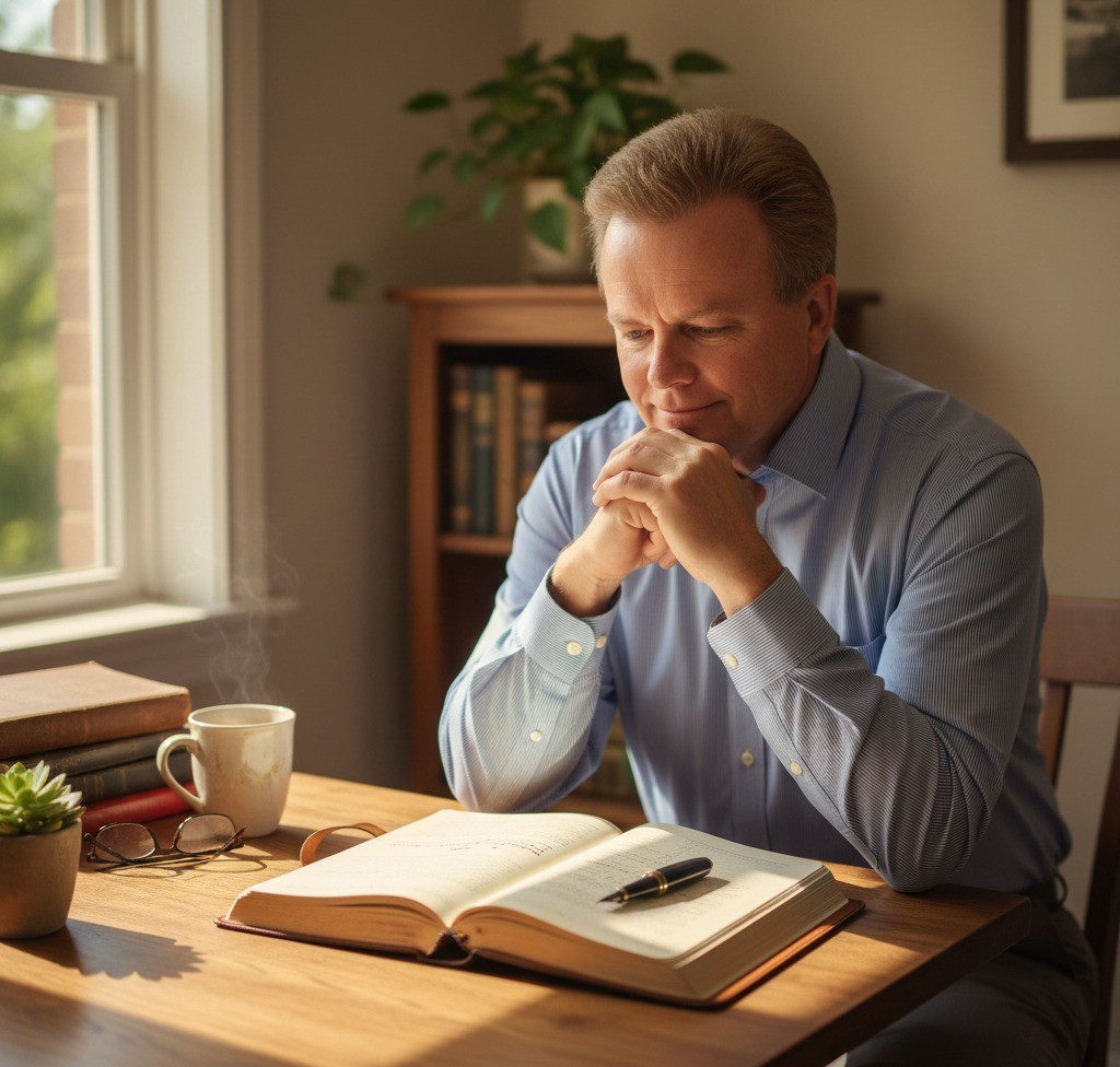 A photo-realistic image of me sitting thoughtfully at a well-lit, slightly cluttered desk. A journal is open before me, and a pen rests against its pages. Sunlight spills from a nearby window, casting long, soft shadows across the room, creating an intimate and peaceful atmosphere. My expression shows quiet contemplation and gentle satisfaction. A faint smile plays on my lips. This suggests a moment of personal revelation or the realisation of subtle progress. The background is softly blurred. It suggests a cosy study or home office. There are a few cherished books or a plant on a shelf, symbolising steady, natural growth. The overall feeling is one of calm discovery and profound self-appreciation.