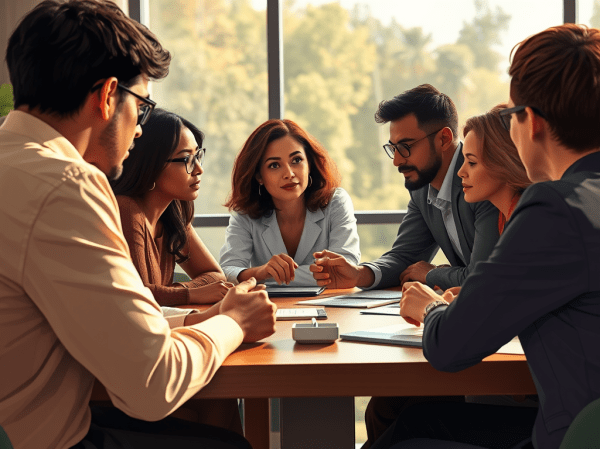 A diverse group of individuals gathered around a table in a collaborative setting, with a leader facilitating discussion through insightful questions. The warm, natural lighting enhances expressions of curiosity and growth, reflecting a supportive and empowering environment.