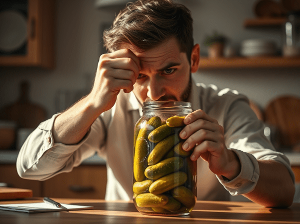 A serene kitchen scene with a man struggling to open the lid of a jar of pickles, symbolising a moment of insight. The lighting is warm and welcoming, casting soft shadows that create a cosy atmosphere. Include subtle elements in the background, such as various kitchen items, suggesting the blending of daily life and creativity. The focus is sharp, capturing the details of the jar and the person's expression, conveying the surprise and magic of an 'aha!' moment.