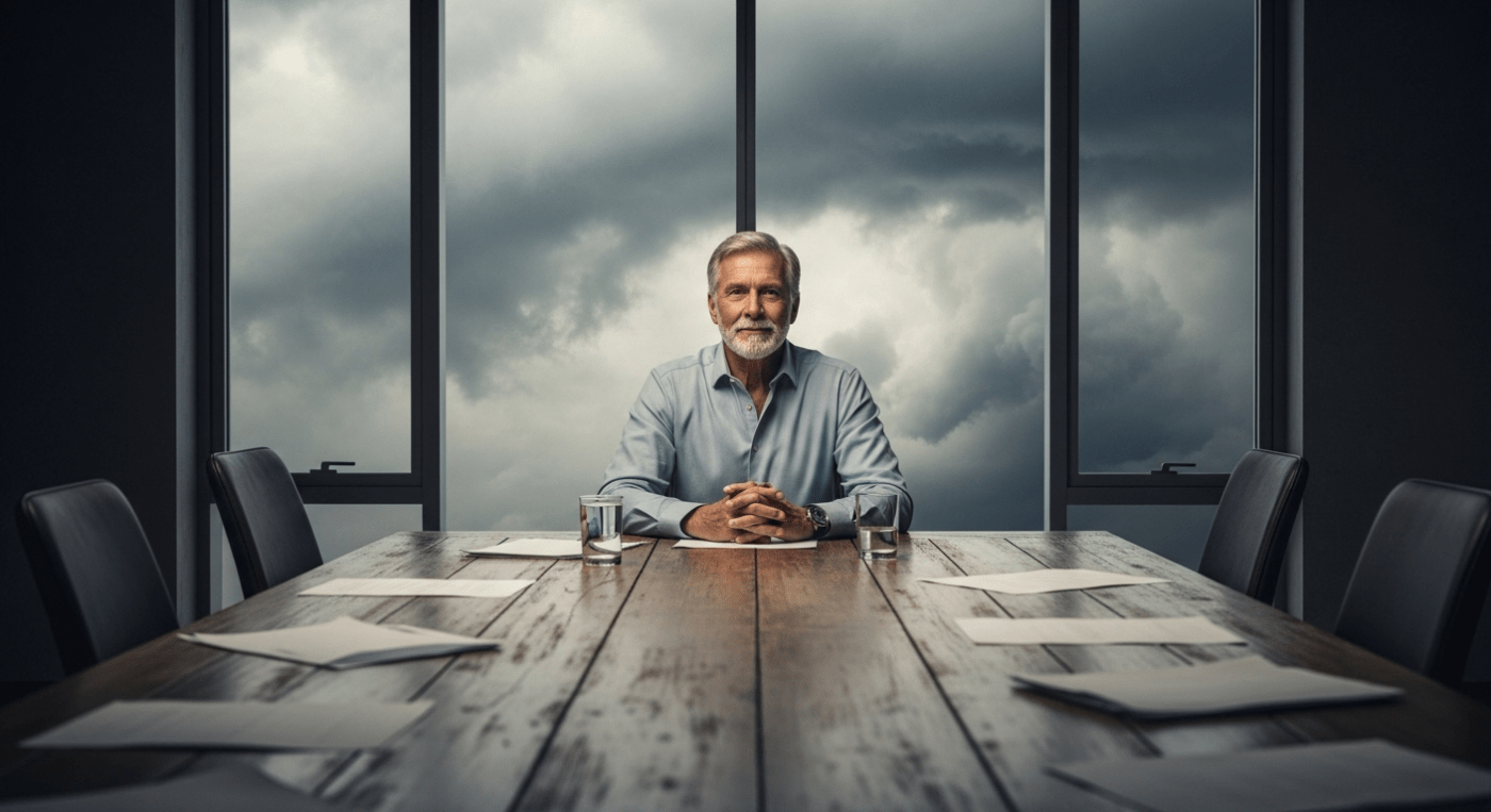 A seasoned leader, appearing calm and focused, sits at the head of a long, slightly distressed wooden table in a dimly lit, modern meeting room. Papers are spread out, some askew, hinting at a recent flurry of activity. The leader's hands are clasped gently on the table, a slight smile playing on their lips, radiating a quiet strength. Behind them, through a large window, a stormy sky with dark, swirling clouds is visible, yet the leader's face is illuminated by a warm, steady light from an unseen source, creating a stark but hopeful contrast. The overall mood is one of resilience and grounded control amidst surrounding disarray.