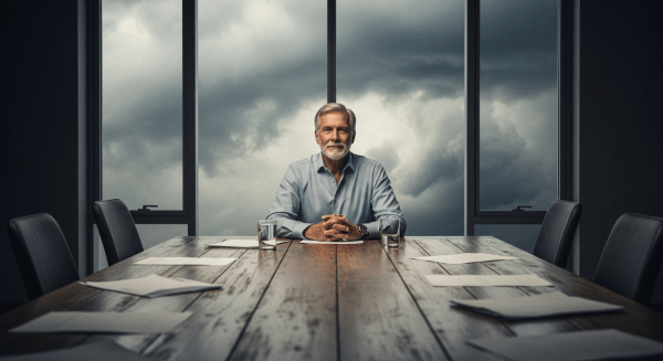 A seasoned leader, appearing calm and focused, sits at the head of a long, slightly distressed wooden table in a dimly lit, modern meeting room. Papers are spread out, some askew, hinting at a recent flurry of activity. The leader's hands are clasped gently on the table, a slight smile playing on their lips, radiating a quiet strength. Behind them, through a large window, a stormy sky with dark, swirling clouds is visible, yet the leader's face is illuminated by a warm, steady light from an unseen source, creating a stark but hopeful contrast. The overall mood is one of resilience and grounded control amidst surrounding disarray.