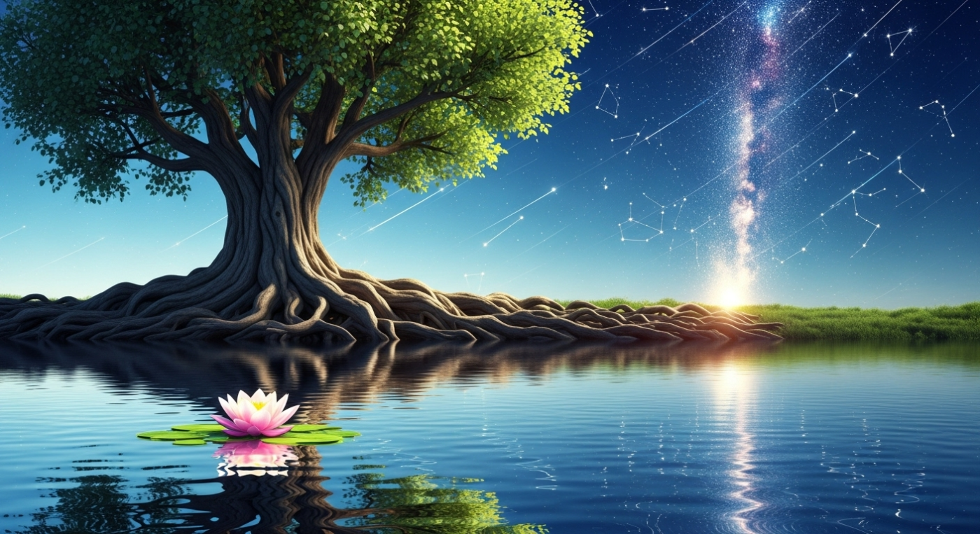 The image depicts an ancient, gnarled tree, its deep roots gracefully intertwining with a still, luminous pond that perfectly reflects a single, radiant lotus bloom, symbolising profound contentment. Simultaneously, the tree's branches stretch dynamically upward towards a vibrant, expansive sky filled with trails of stardust and new constellations forming, representing limitless, purposeful growth. The entire image should evoke a serene yet powerful equilibrium between reaching for more and appreciating what is.