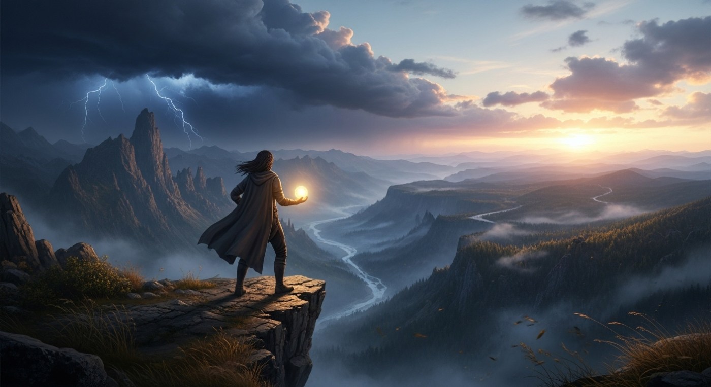 A lone figure stands on a cliff edge, holding a glowing light, looking out at a vast, uncertain landscape. The figure radiates a quiet, determined courage. The sky shows both stormy clouds and a sliver of bright dawn.
