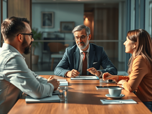 A highly detailed, high-resolution image illustrating a confident manager engaging in a negotiation at a modern office meeting table. The scene depicts the manager actively listening to their team, with expressions of focus and consideration. Soft, natural lighting creates a warm and inviting atmosphere that reflects collaboration and trust. Elements such as notebooks, laptops, and cups of coffee highlight a professional environment. The image is in sharp focus, capturing the nuances of expressions and body language to emphasise the importance of communication and empathy in effective negotiation.