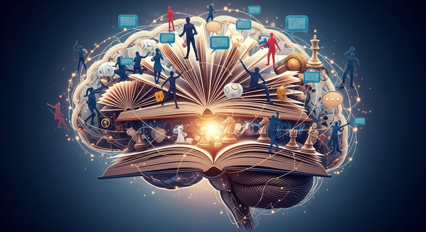 A stylised brain features interconnected neural pathways. It is partially formed by open books. Swirling narrative elements like character silhouettes, dialogue bubbles, and strategic chess pieces also contribute to its design. The overall impression is creative, thoughtful, and analytical, with a subtle glow of insight.