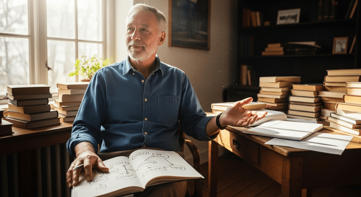 A wise, older copywriter, with a kind smile and thoughtful eyes, sits comfortably in a sun-drenched, slightly messy home office, surrounded by stacks of well-worn books and papers. One hand rests on an open notebook where a half-drawn diagram of interconnected ideas is visible, while the other gestures gently as if explaining a complex concept simply. Sunlight streams through a large window, illuminating dust motes dancing in the air and casting a warm glow on a simple, antique wooden desk. The mood is one of quiet revelation and shared wisdom, showing the joyful "aha!" moment of understanding through connection.
