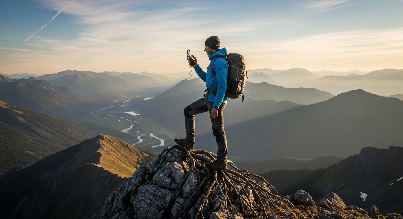 A person stands on a mountain peak. They look at a vast, beautiful landscape. Instead of celebrating, they hold a small compass and look at it intently. Roots extend from their feet into the rock. The scene is calm and reflective, not triumphant.
