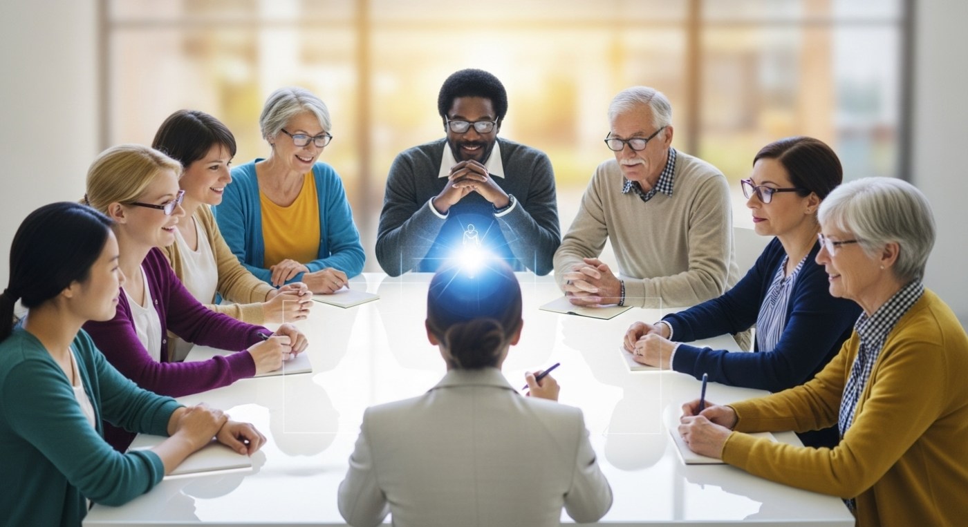 Seated around an informal, glowing holographic table is a diverse group of individuals representing various ages, genders, and ethnicities. Each person is actively listening or offering advice. They look towards a central, slightly transparent figure who is taking notes. The background is a soft, warm blur of professional and personal settings, symbolised by holistic growth. Emphasise connection, wisdom, and support.