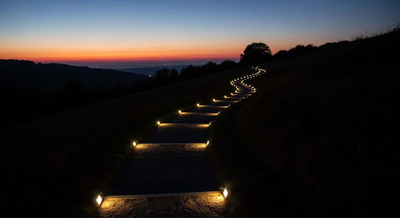 A winding path illuminated by small, consistent footsteps at twilight, leading towards a softly glowing, indistinct horizon. The emphasis is on the journey, with subtle light on each step taken, rather than a bright, clear destination.