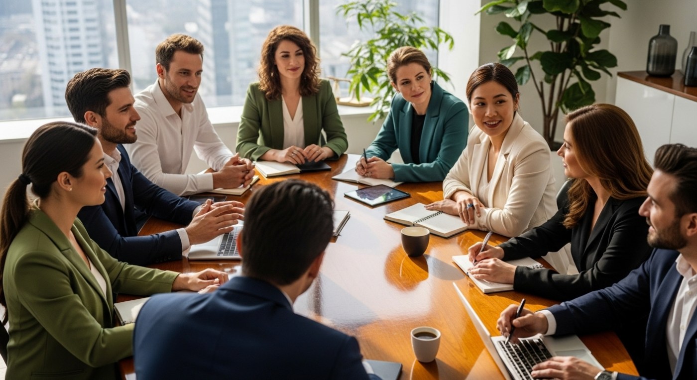 An illustration of several diverse professionals at a round table, collaborating and exchanging ideas. One individual, without a formal leadership position visible, is subtly guiding the discussion through active listening, supportive gestures, and asking insightful questions, radiating quiet confidence and competence. The overall atmosphere is collaborative, respectful, and productive.