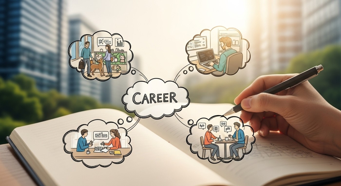 A person is sketching out a mind map of career paths. Smaller thought bubbles depict miniature experiments. These include a person volunteering, another coding, and someone having an informational coffee meeting. The background is a blend of blurred offices and natural landscapes, symbolised by professional growth and personal exploration. The style is illustrative, warm, and inspiring.