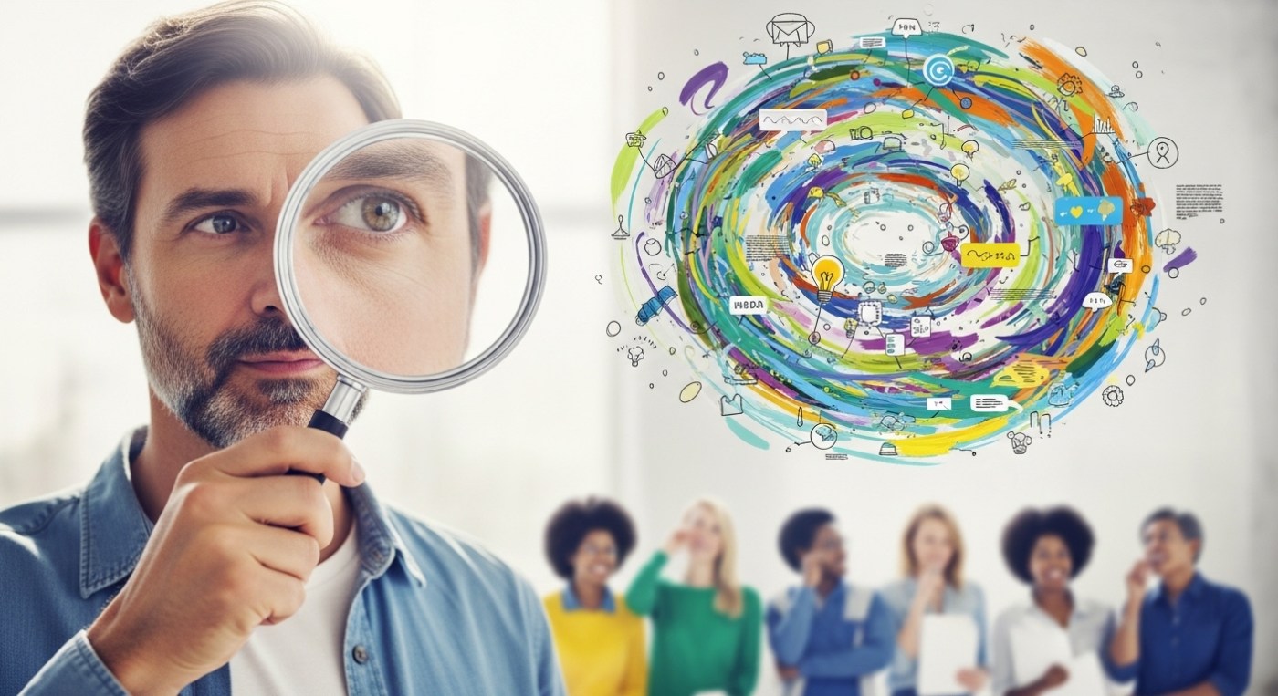 A leader, wielding a metaphorical editor's magnifying glass, meticulously scrutinises a swirling vortex of vibrant, abstract ideas and tasks. Some ideas are being highlighted and brought into sharp focus. Others are gently faded out or removed. This gesture symbolises strategic clarity and simplification for a diverse team in the background. The leader has a thoughtful, composed expression.