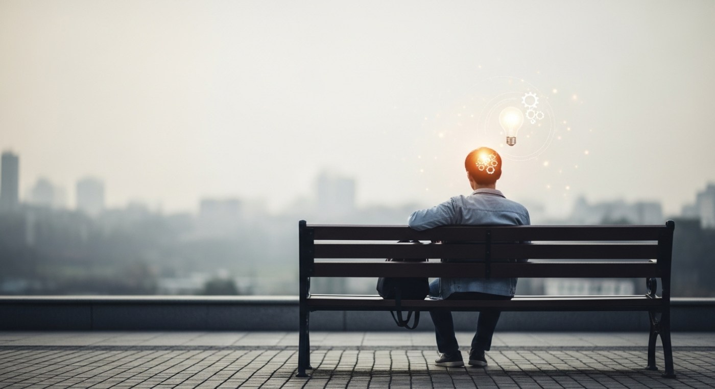 A lone figure sits peacefully on a park bench, looking out at a tranquil, slightly blurry landscape. The figure is not using a phone or reading but appears deep in thought or calm contemplation. A faint glow from an idea bulb or subtle gears turning can be seen near their heads, symbolising internal activity. The foreground is serene, while the background hints at a bustling city.