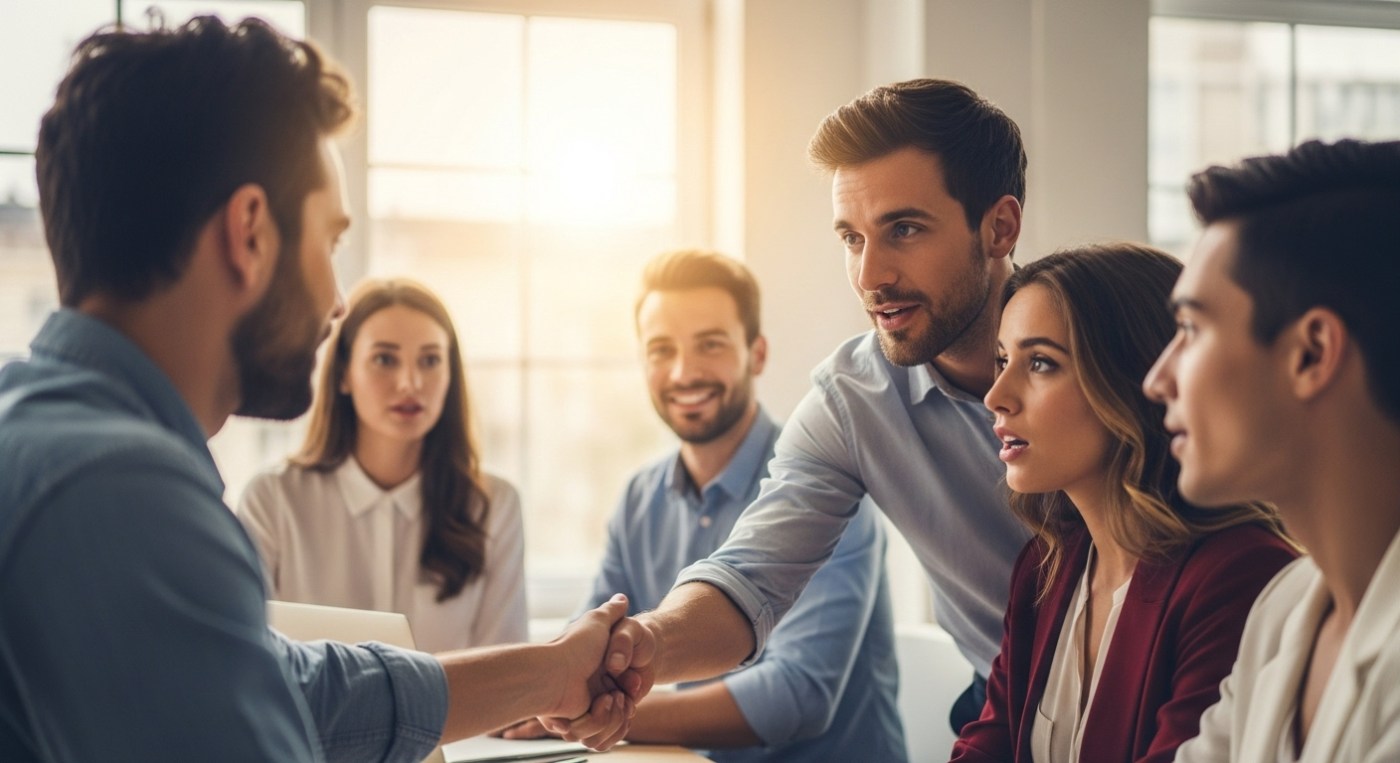 A diverse group of professionals work in a modern, sunlit office. One leader (mid-shot, focus) extends a hand in genuine apology to a team member. The team member's expression shows surprise but also openness. The background suggests collaboration and transparency, with a subtle glow of warmth. The overall mood is one of sincerity, vulnerability, and the beginning of renewed connection, reflecting growth and trust.