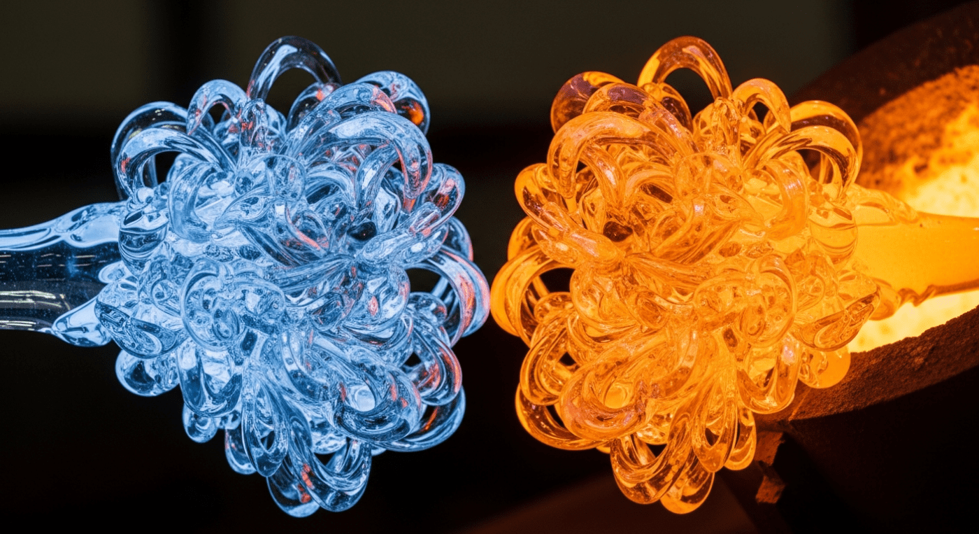 The image captures a close-up, photorealistic view of two distinct streams of molten glass. One is glowing blue and the other fiery orange. They swirl together within a crucible. As they mix, they do not blend into a muddy brown. Instead, they are creating a beautiful, intricate, and stronger new pattern of shimmering, solidified glass. The background is dark and industrial, emphasising the intense heat and creative friction at the point of contact. Cinematic, dramatic lighting.