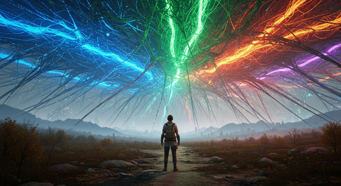 A lone figure stands on a well-trodden path. They look up at a vast, complex structure made of glowing, interconnected threads. These threads stretch out into a distant, hazy landscape. This sight symbolises unforeseen opportunities beyond their immediate circles. The threads are vibrant, suggesting diverse knowledge and connections.