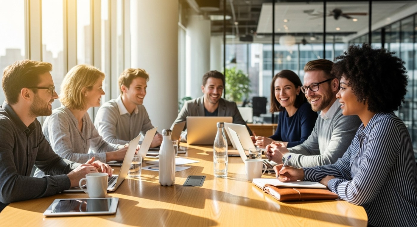 A diverse group of professionals, some smiling and engaged, are seated around a circular table in a modern, well-lit office. Two individuals are in a focused, one-on-one conversation, leaning slightly forward, with one taking notes. The overall impression is one of open communication, connection, and proactive collaboration. The lighting is soft and warm.
