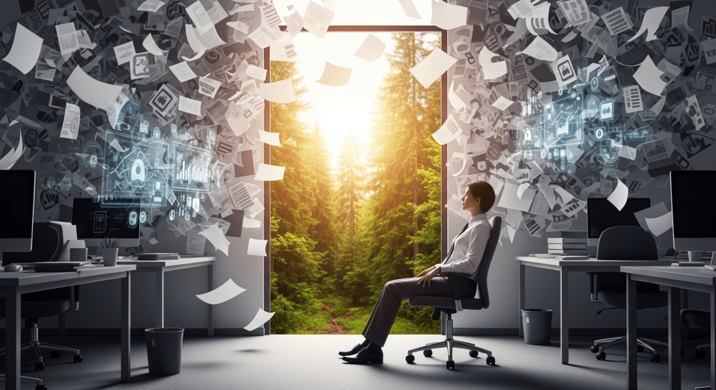 Photorealistic, artistic concept. A professional in smart-casual attire sits calmly in an office chair, but they are located at the threshold between two worlds. Behind them, a busy, chaotic office is frozen in time, rendered in monochrome with translucent, swirling papers and digital icons. In front of them, a lush, vibrant forest in full colour extends into the distance, bathed in warm, golden sunlight filtering through the canopy. The person is looking into the forest, a look of serene focus and clarity on their face. The lighting creates a strong contrast, highlighting the peace of the natural world over the frozen chaos of the work world. The image evokes a feeling of profound insight gained by deliberately pausing.