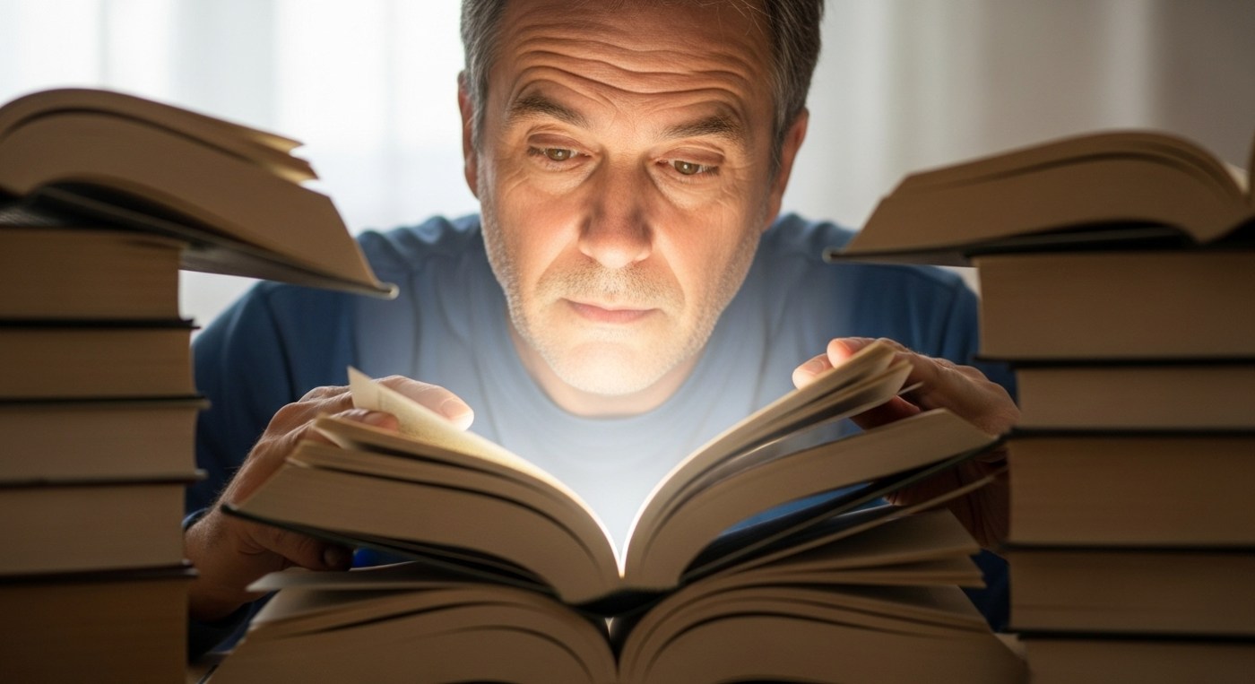 A person deeply engrossed in a book, with light emanating from the pages, illuminating their thoughtful, curious face. Surrounding them are several open books. This illustration suggests a week's worth of deep reading. It doesn't come across as a tall stack representing unread volumes. The background is soft and slightly blurred, emphasising focus. The overall atmosphere is reflective and insightful.