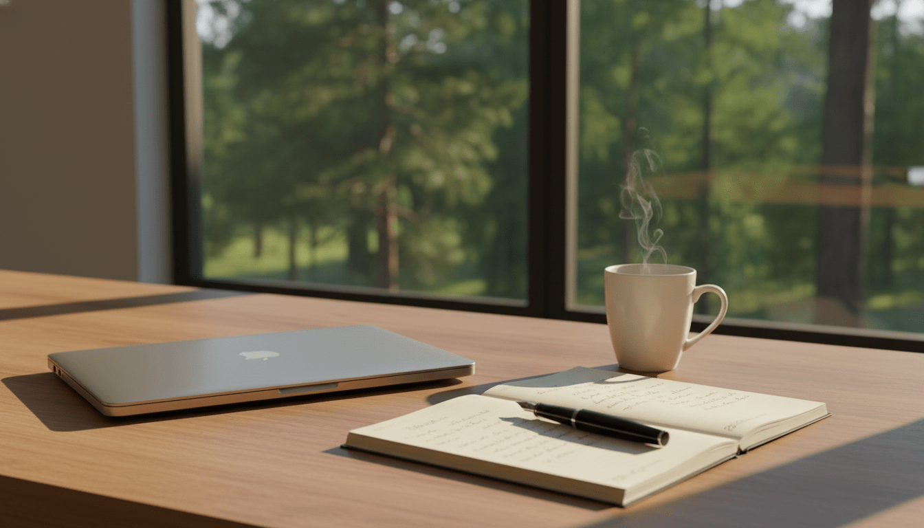 Warm afternoon sunlight bathes a serene, modern home office desk from a slightly elevated angle, casting long shadows. A closed laptop sits besides an open notebook with handwritten notes and a pen, symbolising deep work, while a steaming cup of coffee rests nearby. In the softly blurred background, a window opens onto a calm, green forest. The mood is peaceful, focused, and still, contrasting with digital chaos.