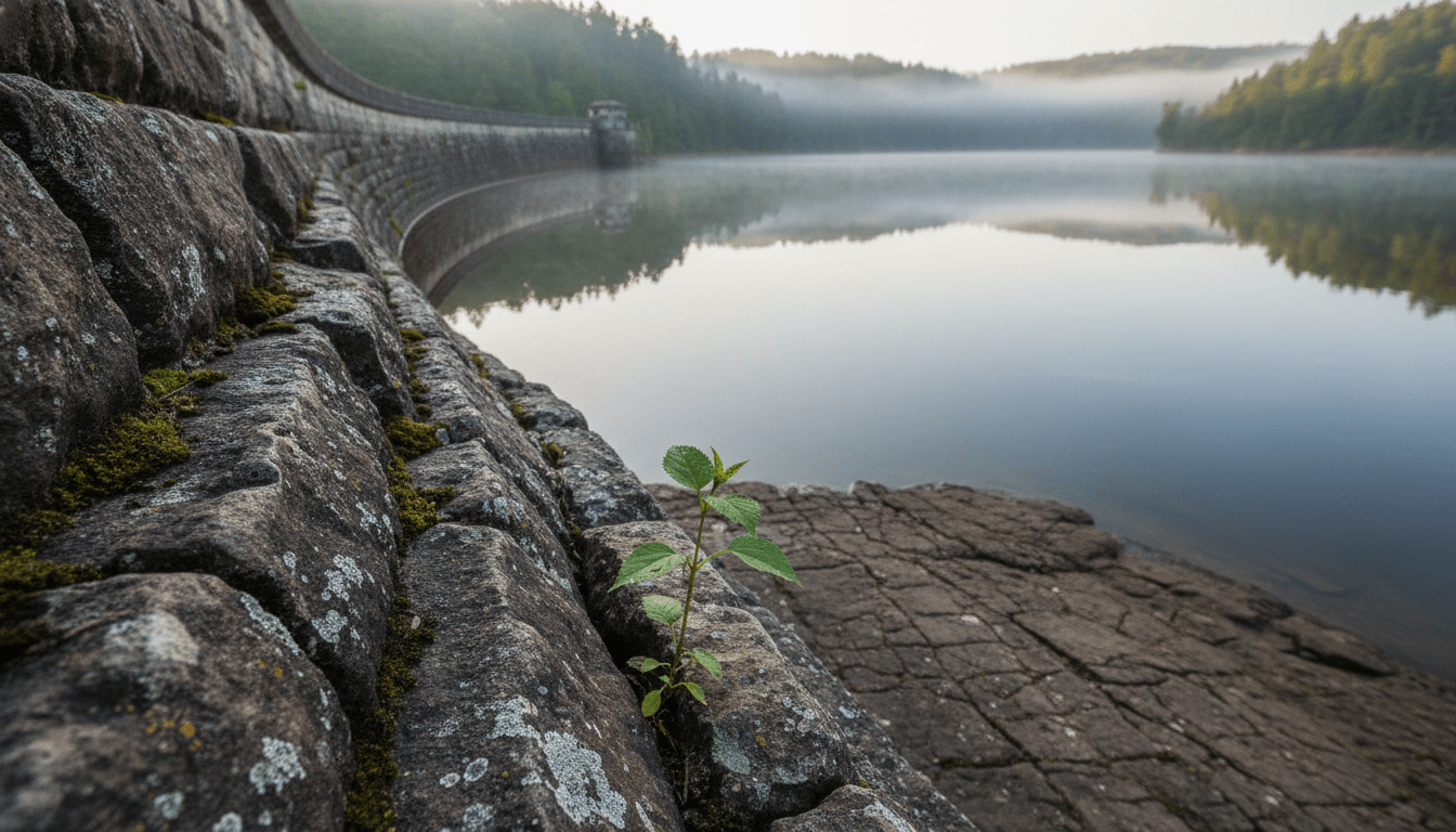 A close-up, photorealistic shot of an old, weathered stone dam holding back a large body of water in a misty, early morning landscape. The water is calm and glassy. On the dry side of the wall, a single small green sprout is growing from a crack in the stone. The lighting is soft and cinematic, highlighting the texture of the stone and the resilience of the plant.