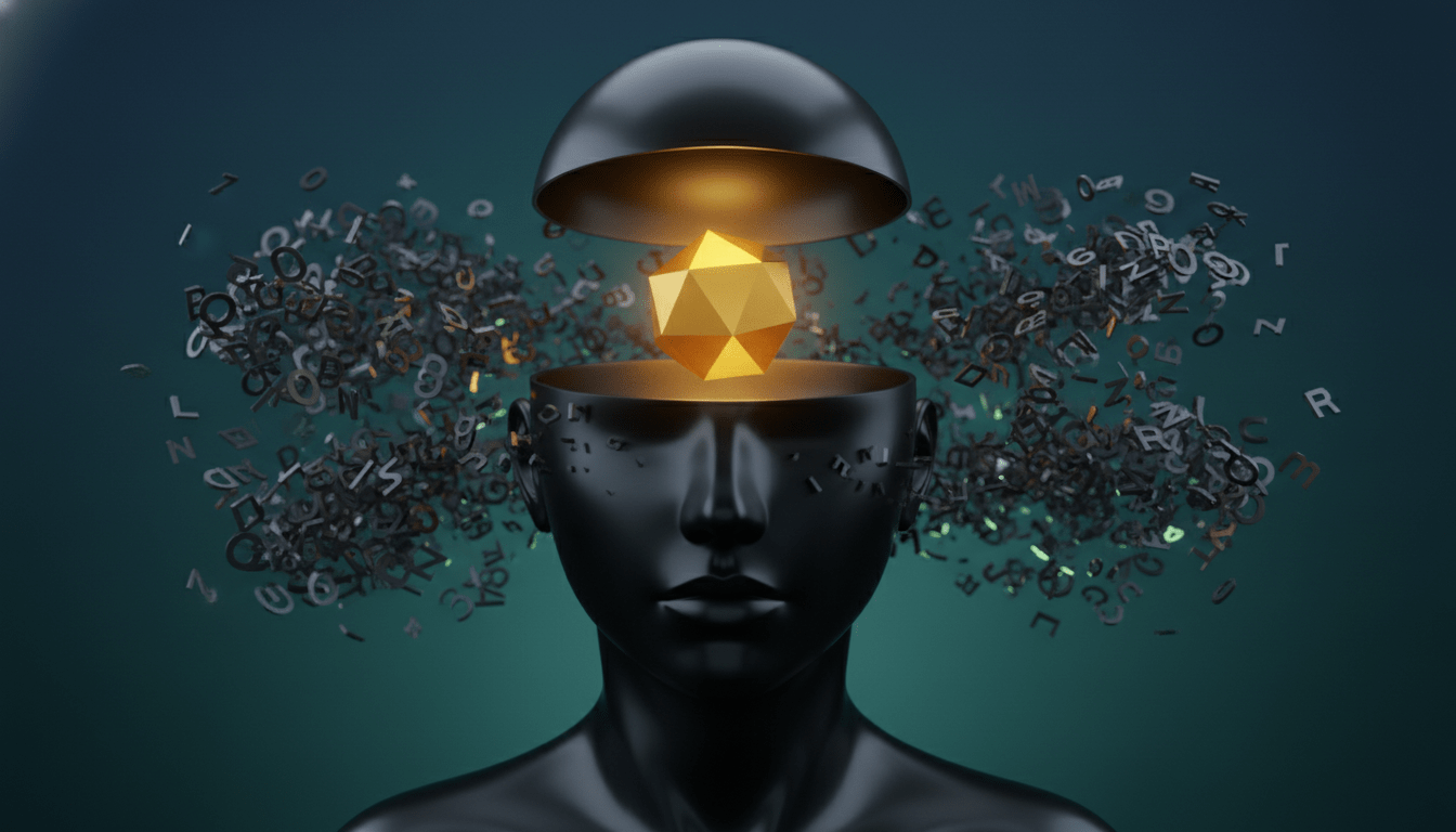 A minimalist, surreal composition showing a human head silhouette open at the top. Instead of chaotic clutter inside, a single, glowing golden geometric shape floats in the centre, representing clarity. Outside the head, a storm of chaotic, dark, fragmented letters and numbers swirls but cannot enter. The background is a calm, deep teal gradient. High contrast, clean lines, 3D render style, cinematic lighting.