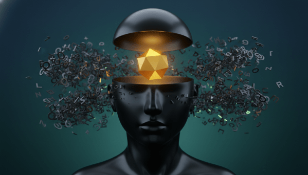 A minimalist, surreal composition showing a human head silhouette open at the top. Instead of chaotic clutter inside, a single, glowing golden geometric shape floats in the centre, representing clarity. Outside the head, a storm of chaotic, dark, fragmented letters and numbers swirls but cannot enter. The background is a calm, deep teal gradient. High contrast, clean lines, 3D render style, cinematic lighting.