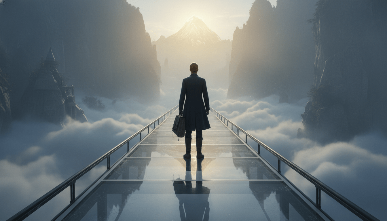 A lone figure standing on a glass bridge that spans a deep, misty canyon. The figure's reflection in the glass shows them wearing different, older clothing, symbolising the past self. Ahead, the bridge leads to a bright, golden mountaintop. Cinematic lighting, introspective mood, photorealistic style.