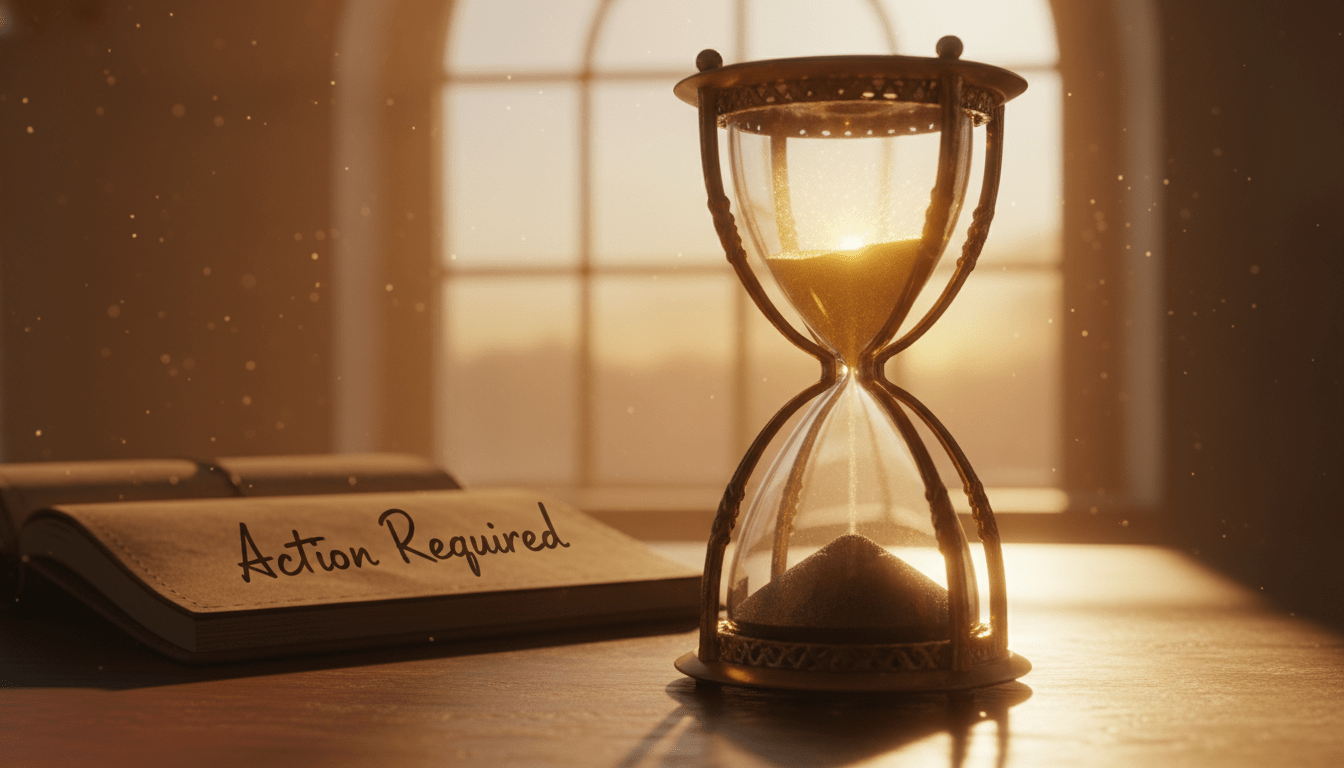 A close-up, photorealistic shot of an hourglass is on a wooden desk. It is illuminated by the warm, golden light of a setting sun coming through a window. The sand in the top bulb is glowing faintly, symbolising knowledge, whereas the sand in the bottom bulb is dark. In the background, slightly out of focus, is a notebook with the handwritten words 'Action Required'. The atmosphere is urgent yet contemplative.