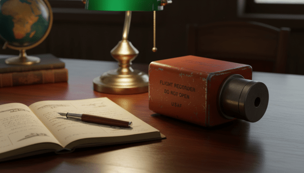 A close-up, photorealistic shot of a vintage aviation flight recorder (black box) resting on a polished wooden executive desk. The device is slightly worn, suggesting use. Next to it is an open leather notebook with handwritten notes and a fountain pen. The lighting is warm and cinematic, coming from a desk lamp, creating deep shadows. The atmosphere is contemplative and studious.