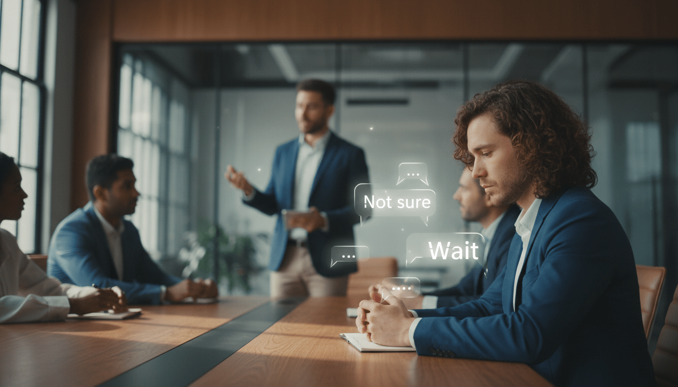 A cinematic shot captures a diverse team. They are sitting around a wooden meeting table in a modern office. The office has soft, natural lighting. Focus on one person in the foreground. They are looking down thoughtfully. A blurred figure in the background is speaking. The atmosphere is contemplative and slightly tense. Subtle floating text elements near the silent person, displayed in single quotes like '...', 'Not sure', and 'Wait', fade into the air, symbolising unspoken thoughts.