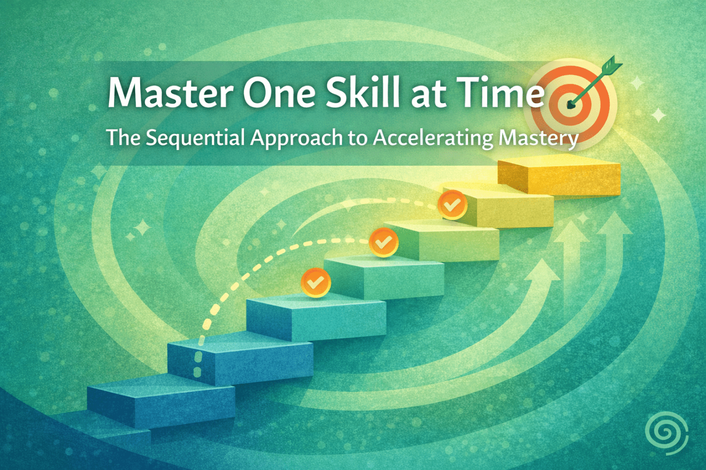Illustration for the article 'Master One Skill at a Time' showing four ascending steps along a spiral path, with checkmarks on the steps and a target with an arrow at the top, representing sequential skill-building and strategic learning in the 'Growthenticity' style.